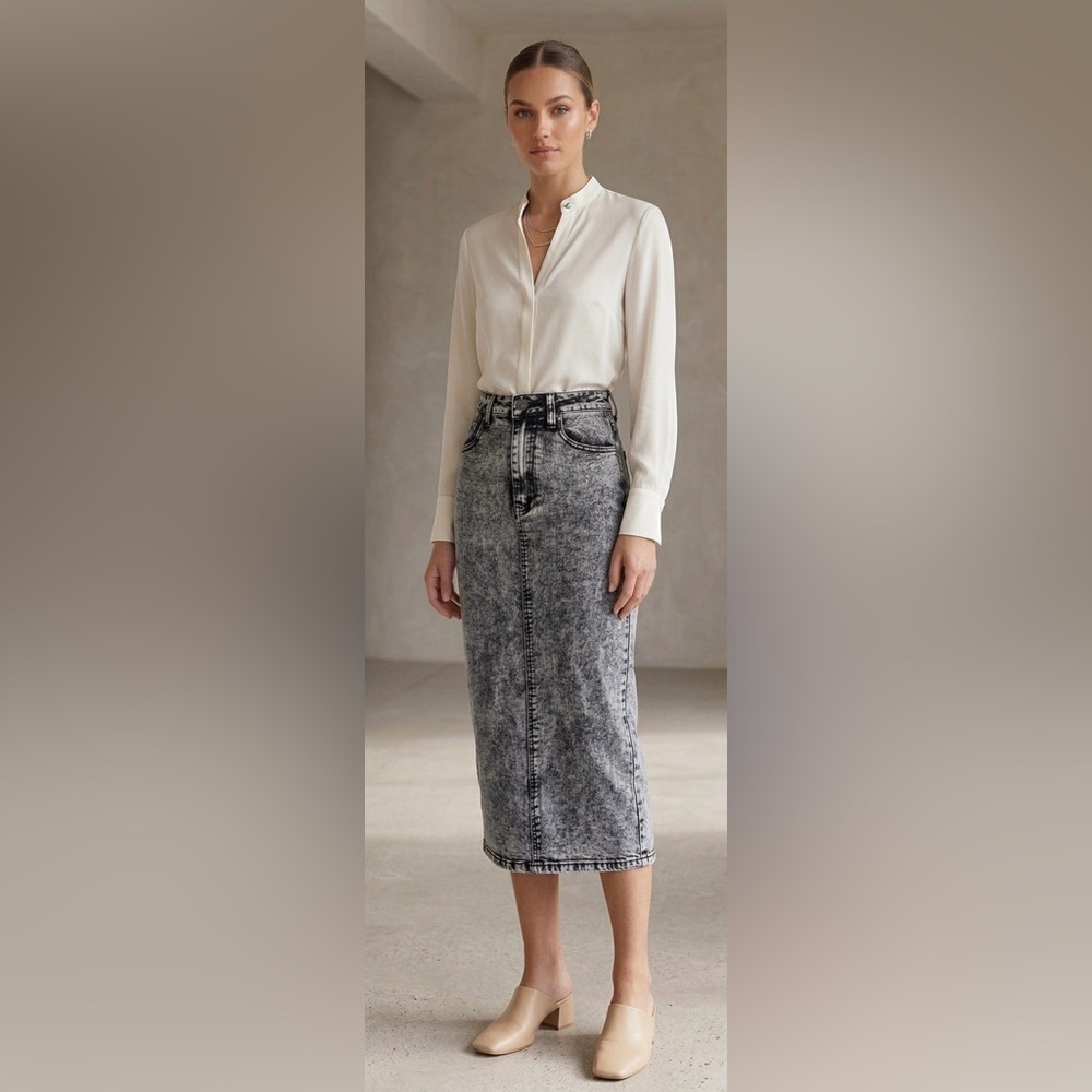 High-Rise Grey Denim Midi Skirt
